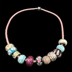 Sterling Silver Pink Leather Pandora Cord Necklace Mixed 925 Persona Beads 16”